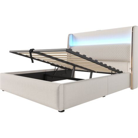 Letto matrimoniale idraulico 160x200 cm in lino beige con LED, USB e Type-C, contenitore (1/5)