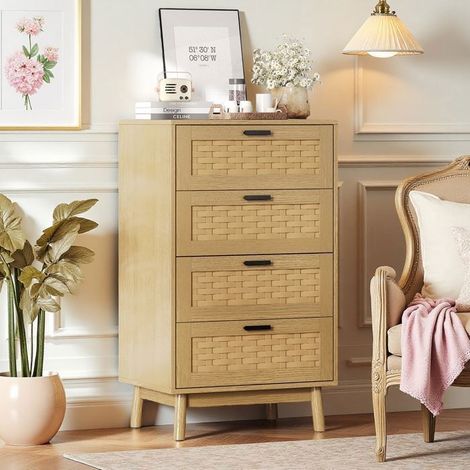 Salonbuffet, Buffet mit 4 Schubladen aus Rattan, Hoher Buffet, Schlafzimmerkommode, Aufbewahrungsmöbel, Spanplatten, Holz