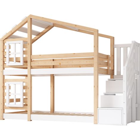 Letto a castello cabina bambino 90 x 200 cm con scala contenitore, naturale e bianco, MODENUIT (1/5)
