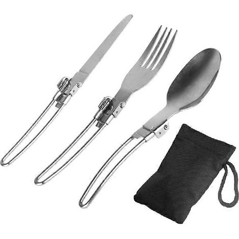Ensemble de couverts de cuisine comprenant une fourchette, un couteau pliant en acier inoxydable et une cuillère. (1/5)