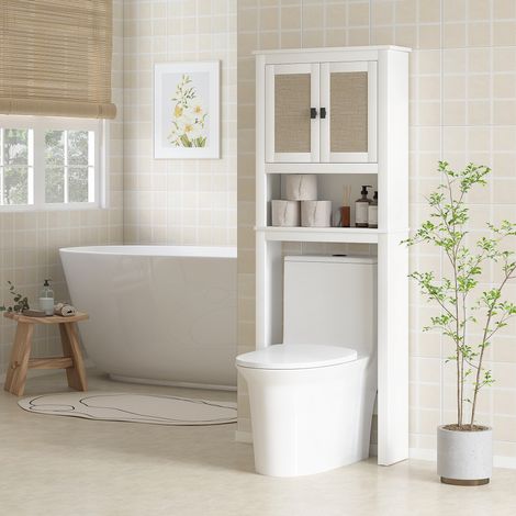 Mobiletto da bagno sopra il WC con 2 ante, frontale in rattan, scomparto e ripiano regolabile, 60x19,5x160 cm, bianco