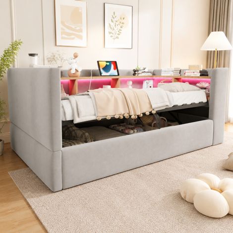 Polsterbett 90 x 190 cm mit LED, Steckdosen und Stauraum, hellgrau OKMYHOME (1/5)