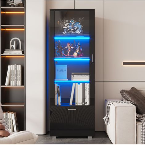 Vetrina 40/50/160 cm nera lucida con LED, ante in acrilico e 3 ripiani in vetro (1/5)