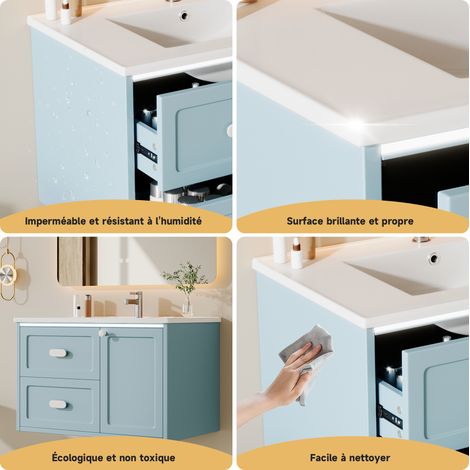 Armoire suspendue de salle de bain 76x46x51 cm, entièrement laquée, éclairage à capteur radar LED, deux tiroirs, glissières silencieuses, vasque intégrée, bleu (1/5)