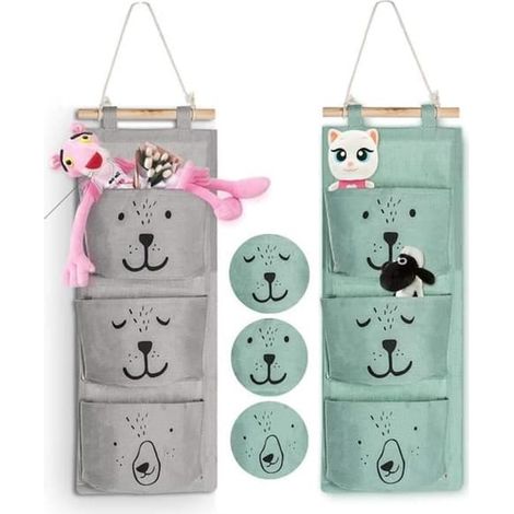 Sac de rangement suspendu en lin, pochettes murales, sac de rangement à 2 poches, porte-poches, cyan et gris (1/4)