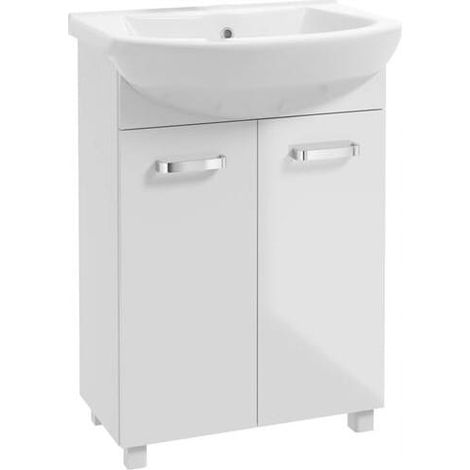 Meuble de salle de bains avec vasque sur pieds 85x60, modèle Mila blanc avec robinet chromé allongé (1/5)