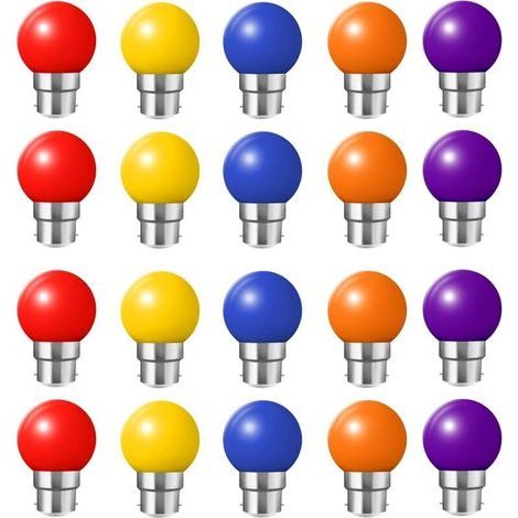 Lot de 20 ampoules LED B22 2W, ampoule écoénergétique colorée Couleur, Rouge, Jaune, Bleu, Vert, Violet [Classe énergétique B] (1/4)