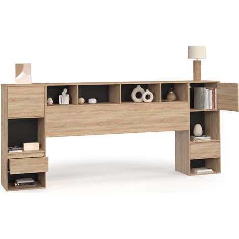 Idmarket – Tête de lit 240 cm avec rangements bois et noir – 2 chevets tiroirs – 2 placards – 4 niches – Hauteur 105 cm – Largeur 35 cm