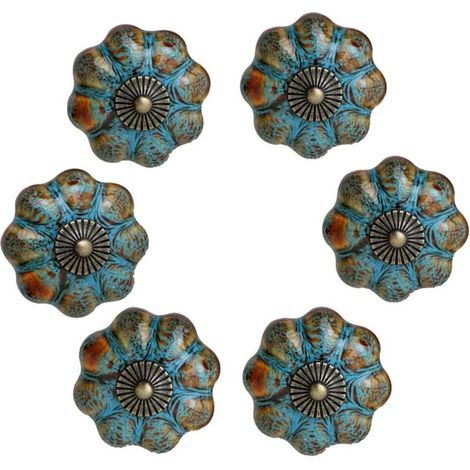 Set of 6 glazed ceramic door handles for cabinets, bathrooms, wardrobes, drawers (blue) (1/5)