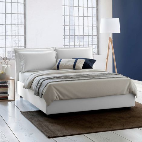 Talamo Italia Lit double Silvia, Lit conteneur avec revêtement en tissu, 100% Made in Italy, Ouverture frontale, avec matelas 140x190 cm inclus, Blanc, avec emballage renforcé (1/5)