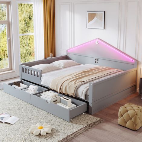 Lit pour enfant 140×200 cm, avec bande lumineuse, tiroirs, sommier à lattes, lit simple, lit adolescent, gris (1/5)
