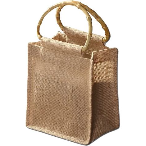 Bolso portátil de lona de yute natural con asa de bambú, bolso de mujer para guardar cosas y para ir de compras (1/5)