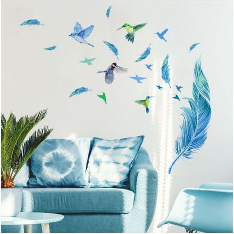Wandtattoos mit blauen Federn, Kolibri-Wandaufkleber für Wohnzimmer, Schlafzimmer und Esszimmer (1/5)