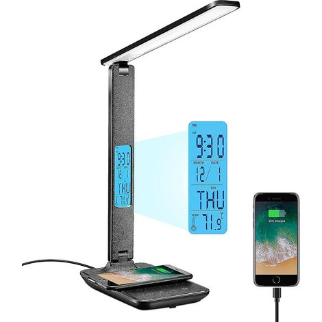 Lampe de bureau LED avec chargeur sans fil, port de chargement USB, lampe de table pliable et réglable avec horloge, alarme, date, température et variateur à 5 niveaux. (1/5)