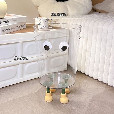 New cute transparent trash can, high-value trash can for bedroom and living room, popular online trash can, home decoration transparent trash can [large size] with eyes + feet (pine green + light yell