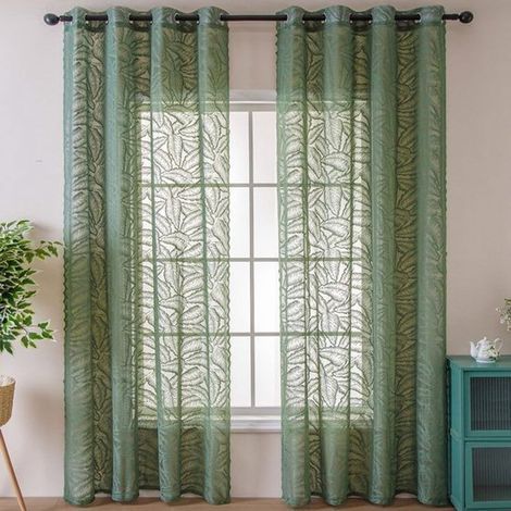 Rideaux transparents à motif de feuilles d'olivier - 2 pièces, 140 x 100 cm, avec anneaux - parfaits pour la décoration de fenêtres. Vert 140 cm x 100 cm