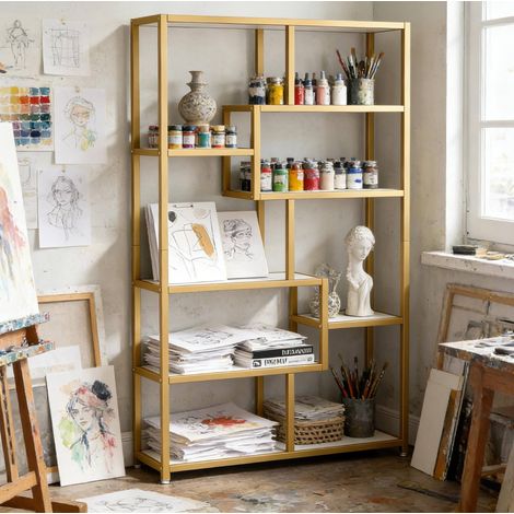 Libreria aperta a 8 livelli, metallo dorato e pannelli effetto marmo bianco HAVRYA (1/5)