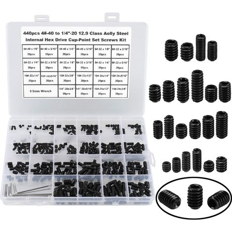 440 pièces 22 tailles, 4-40 à 1/4"-20 Standard SAE Allen Head Socket Hex Grub Kit d'assortiment de vis, Interne Hex Drive Cup-Point Set Screws Set avec 5pcs Hex Clefs, 12.9 Classe en acier allié noir