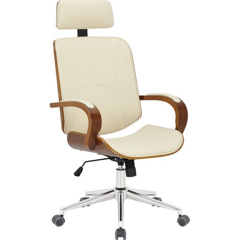 Silla de oficina con respaldo y reposacabezas en metal PVC color crema y estructura de madera de nogal 100002453 (1/5)