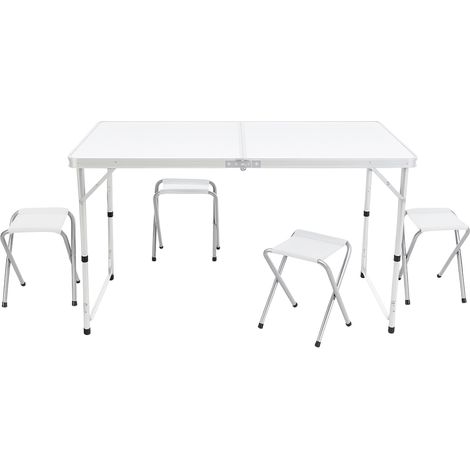 Terre Jardin – Table de camping pliante 120x60x70 cm – 4 tabourets inclus – Aluminium et MDF – Hauteur réglable 54/61/70 cm – Pliage rapide sans outils