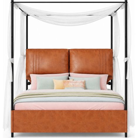 Cadre de lit 140 x 200 convertible avec poteaux de baldaquin amovibles, structure métal, lattes haute densité, revêtement cuir régénéré marron CHICFURN (1/5)