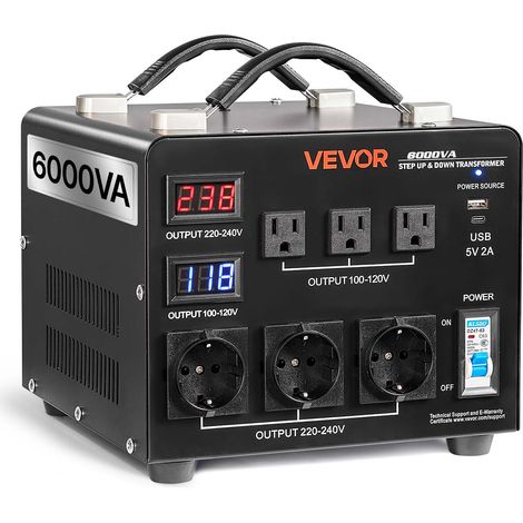 VEVOR Transformateur 220 V a 110 V et 110 V a 220 V, Transformateur de Tension Elevateur Abaisseur Auto, 6000 VA, avec 3 Prises US, 3 Prises EU, Ecran LCD, Cordon Alimentation, Protection Disjoncteur