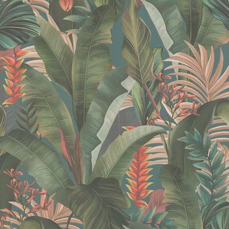 papier peint feuilles tropicales bleu, bleu canard, vert, beige et rouge - Livingwalls (1/3)