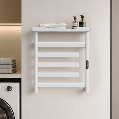 EMKE Sèche-serviettes Électrique Connecté 135W, Tubes Plats Pivotants à 180° avec Tablette Intégrée, Radiateur Salle de Bain WiFi, 66x58 cm, Blanc (1/5)