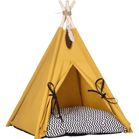 PawHut Tipi Zelt für Haustiere, Katzenzelt mit abnehmbar und waschbar Kissen, Katzenhaus mit rutschfestem Boden, Spielball, für Katzen unter 5kg, Mini Hunde, 60 x 60 x 76 cm, Gelb
