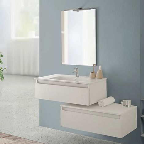 Mobile bagno sospeso 90 rovere bianco con base lavabo e cassetto Nadia (1/5)
