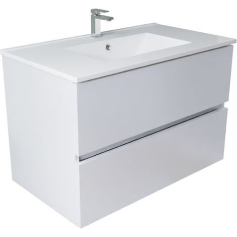 Meuble salle de bain suspendu 80 cm ROSALY INOX- Blanc- Plan vasque en Céramique