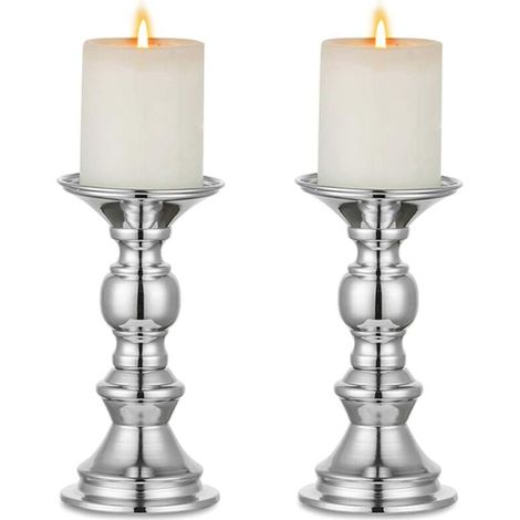 Silver Pillar Candle Holders, Wedding Centerpieces, Metal Candle Holders for 50 mm Candles, Stand Decoration, Ideal for Weddings, Special Occasions, Parties, Living Rooms, Pack of 2
