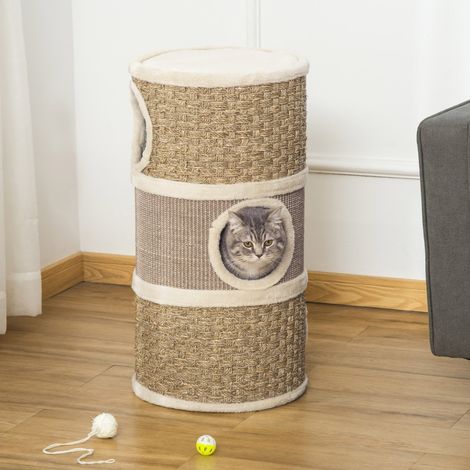 Maison pour chat, arbre à chat avec 3 nids, corde en sisal et algues, bordure en peluche, kaki et marron (1/4)