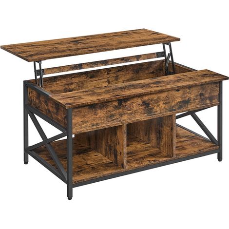 Table basse table de salon avec plateau relevable avec rangement ouvert et compartiment caché barres en forme de x 60 x 100 x 62 cm marron