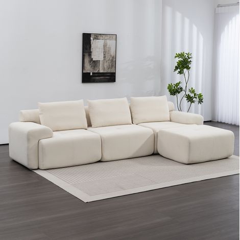 Canapé d’angle modulaire en tissu blanc 305 cm, sans montage, assise profonde 63 cm (1/5)