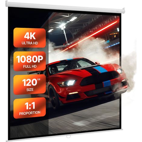 VEVOR Pantalla de Proyección Manual de 3048 mm, 1:1, 4K y 3D, 1080 HD, Enrollable y Retráctil, para Cine en Casa, con Cuerda de Tracción, para Pared, Tamaño de Proyección 2134 x 2134 mm, Blanco