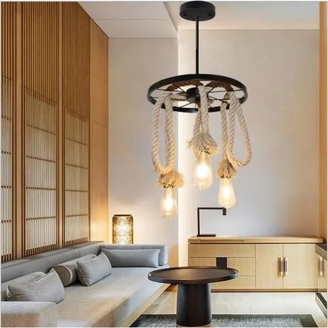 2x Lustre Suspension en Corde de Chanvre Vintage Marron Lampe Suspension Industrielle avec 3Tetes Ajustable pour Cafe Bar (1/4)