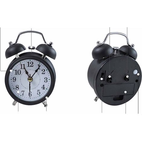 Réveil à double cloche de 7,6 cm (3 pouces), moderne, en métal, mécanique, silencieux, à piles, noir. (1/5)