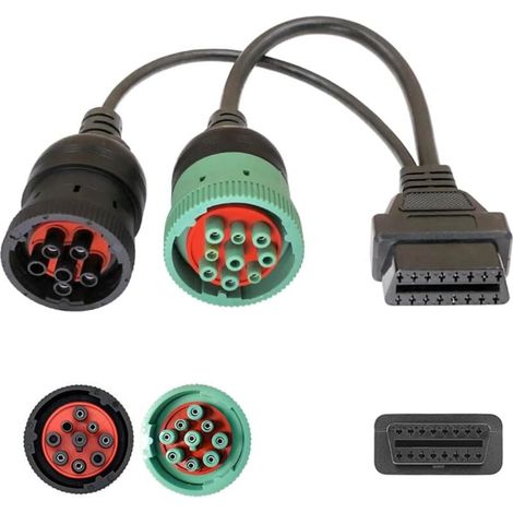 OBD2 Adapter Cable 9 Pin J1939 & 6 Pin J1708 to 16 Pin Green Type 2 for Heavy Duty Diesel Truck Diagnostic MUMU (1/4)