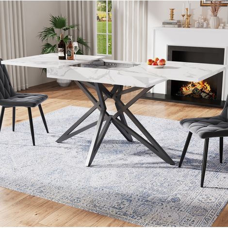Ensemble table et chaises avec table extensible 120/160 cm, plateau aspect marbre, 4 chaises en velours (1/5)