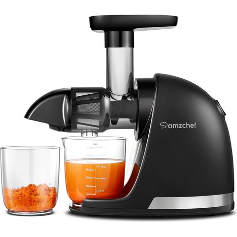 Entsafter Gemüse und Obst Testsieger - Entsafter Slow Juicer mit Rückwärts-Kau-Funktion - Zartes Zerkleinern ohne Filtern - Saftpresse Elektrisch mit Bürste und 2 Tassen - Mattschwarz [Energieklasse A (1/5)