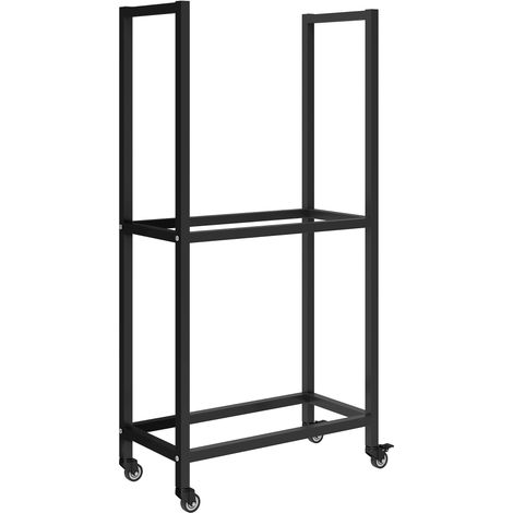 Portalegna da Esterno e Interno 60x30x119 cm a Due Livelli con Ruote in Acciaio Rinforzato Nero