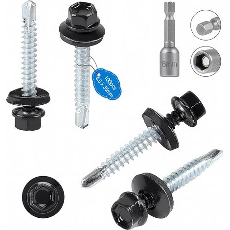 Lot de 100 Vis autoperceuse métal Ø4.8x35 mm Tête de rondelle hexagonale peinte vis en tôle Vis autoperceuses peintes avec rondelles EPDM et clé à douille M8 pour plus fixation (Gris RAL 7016) (1/5)