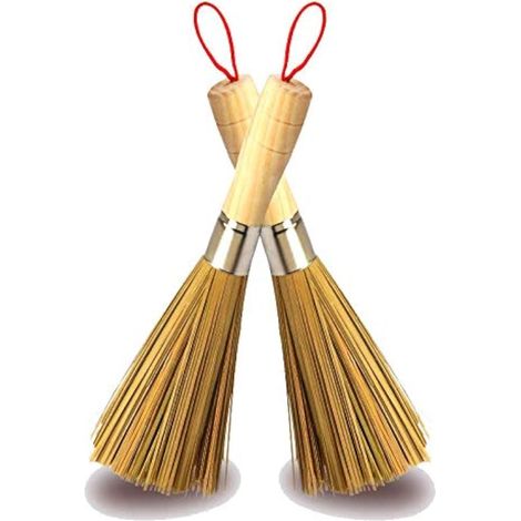 Set di 2 spazzole per wok in bambù - Bambù naturale - Spazzola da cucina tradizionale - Adatta per lavare piatti e pulire (1/5)