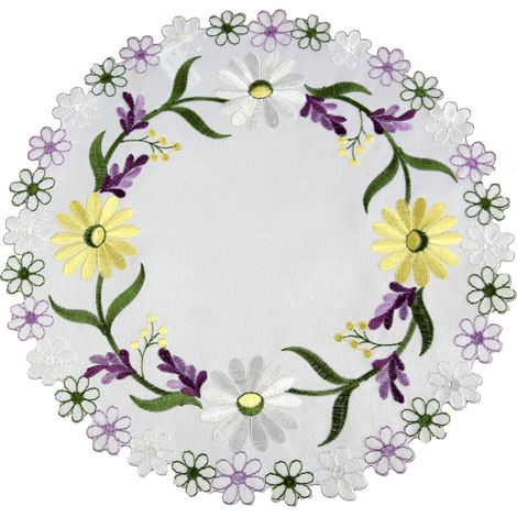 Tovagliolo rotondo ricamato Fi 30 Materiale satinato bianco Ricamo colorato (1/5)