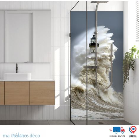Panneau de douche : Phare et tempête Bretonne - Couleur Bleu pigeon - Alu composite - 90 - 245 (1/4)
