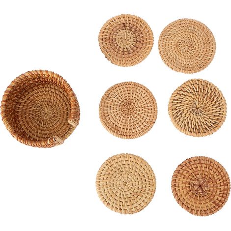 Lot de 6 dessous de tasse ronds en rotin vintage, isolants et décoratifs pour théière. (1/5)