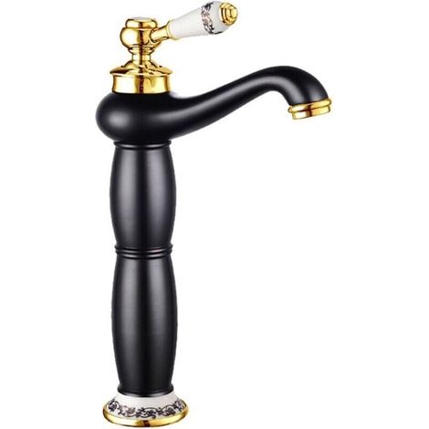 Schwanenhals-Badezimmerarmatur, Einhebelmischer, Aufsatzmontage, Einlochmontage, geeignet für Waschbecken, Warm- und Kaltwasserarmatur (schwarz und gold).