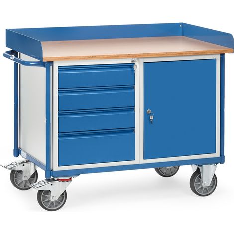 fetra Werkstattwagen, Ladefläche 1120 x 650 mm, verschließbarer Stahlschrank, 4 Schubladen, Arbeitsfläche mit Rand (1/2)