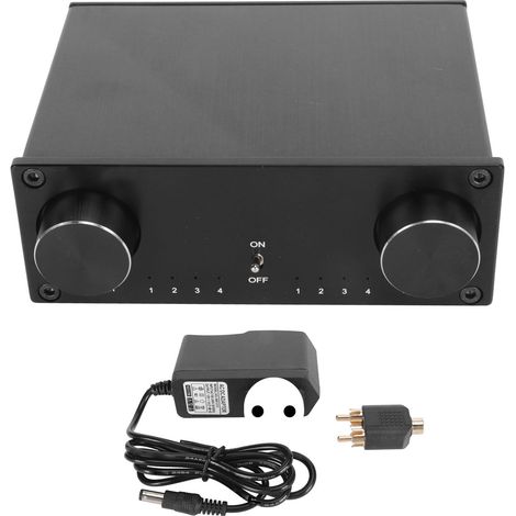 HiFi-Audio-Umschalter mit 4 Eingängen und 4 Ausgängen, Zweikanalbetrieb, vergoldete Cinch-Anschlüsse, geräuschloses und verlustfreies Schalten, 100–240-V-Netzteil, EU-Stecker (1/5)